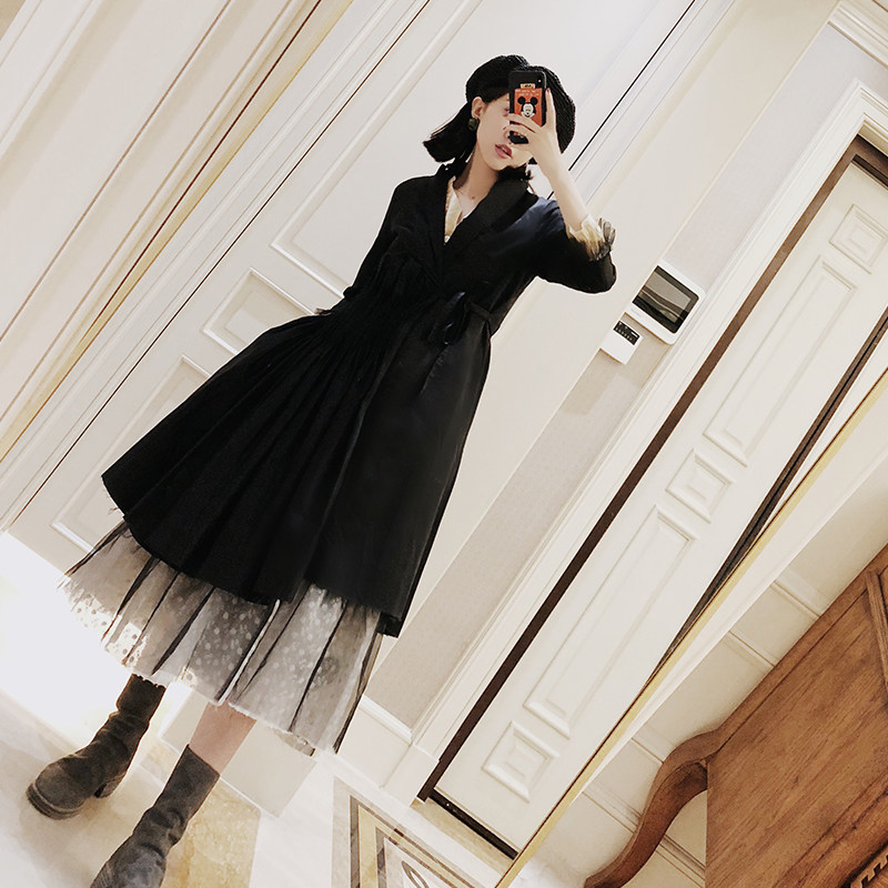 Vimos ■ SPOT RETRO FOLDS DESIGN SKIRT HEM STYLE LONG VERSION LACE 70% SLEEVE WINDCOAT JACKET WOMAN