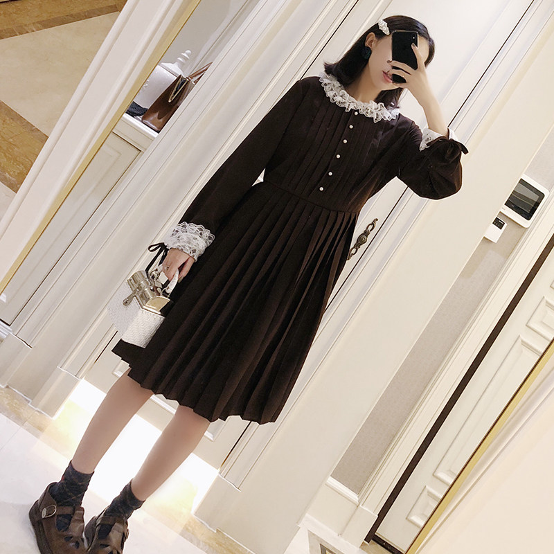 Vimas ■ Spot Autumn Retro 100 lap pure Thunder lace lace round collar 100 pleats Long sleeves Ocean dress