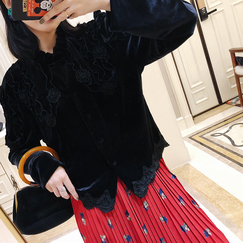 Viimas ■ Spot Autumn Winter New Vini Retro Solid Lace Lace Velvet Blouse Shirt Small Cardiff