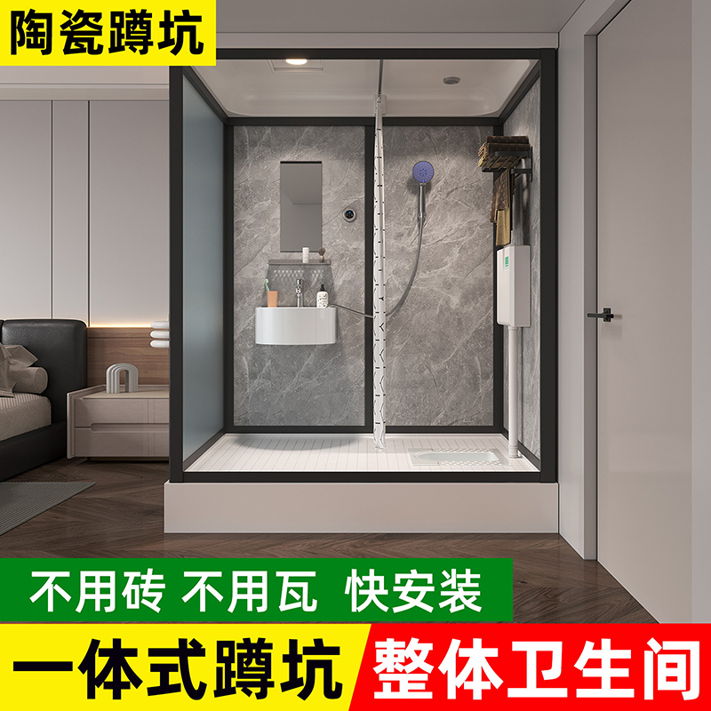 Integrated Shower Room, All-In-One Bathroom, Integrated Bathroom with Glass Partition, Household Toilet, Rural Shower Room, Squat Toilet
