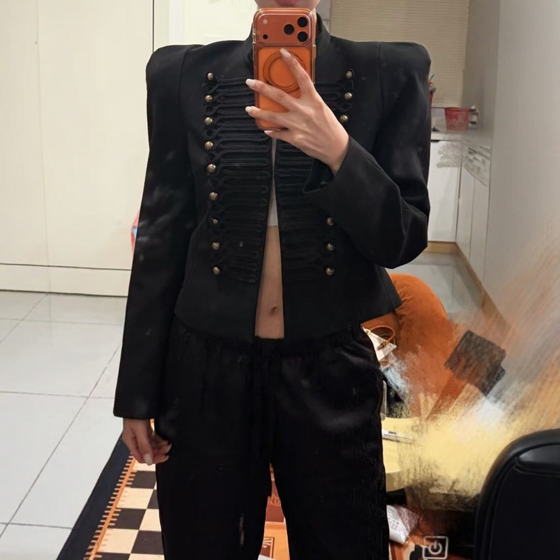 Za Foreign Trade Export Women's Retro Palace-Style Black and Gold Woven Shoulder-Padded Slim-Fit Blazer 4840798 800