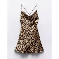 ZA foreign trade exports leopard print silk satin texture cowl collar backless short suspender dress for women 3550026