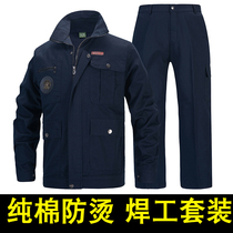 Electric welding work clothes welders anti-burn suit pure cotton abrasion resistant flame retardant mens site work clothes Lawsuit overalls