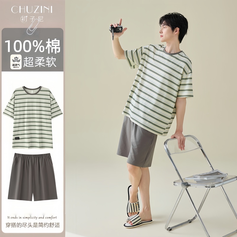 Chuzi Ni Pure Cotton Pajamas for Men, Summer Short-Sleeved 2026 New Style, Casual and Cool Home Wear Two-Piece Set for Boys Chuzi Ni Pure Cotton Pajamas for Men, Summer Short-Sleeved 2026 New Style, Casual and Cool Home Wear Two-Piece Set for Boys