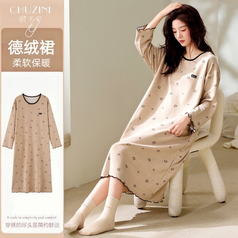 Nightgown for Women, Autumn and Winter Thermal Long-Sleeve Dress, Warm Cashmere and Silk, 2025 Model, Spring and Autumn Loungewear