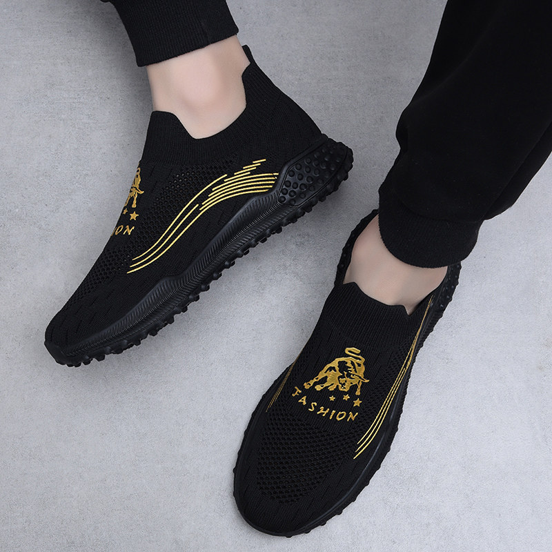 Flying woven sneakers men's summer thin lightweight mesh shoes soft bottom trend all-match one-slip men's casual shoes