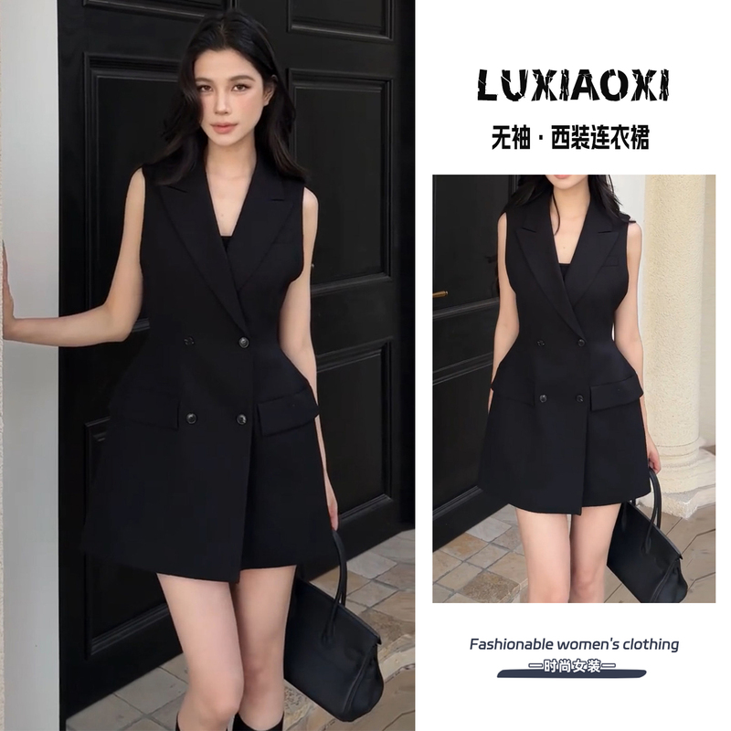 French-Style Plus-Size Black Sleeveless Blazer Dress for Women, 2026 Summer New Style, Elegant Double-Breasted Mid-Length Tank Dress