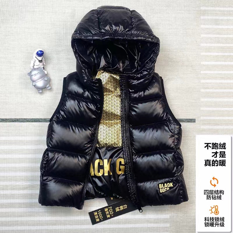 子供用ダウンベスト 男の子と女の子同じスタイル フード付きショート 2024年秋冬新スタイル ウエストコート ブラック&amp;ゴールド 暖かいベスト