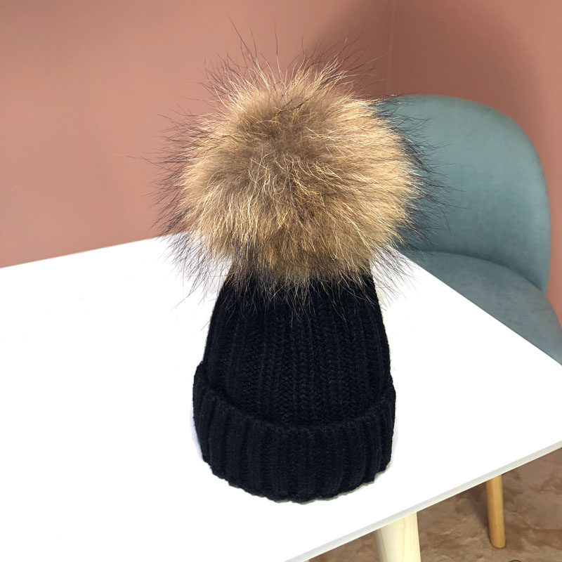 Baby hat autumn and winter male baby raccoon fur ball knitted hat boys and girls warm wool hat parent-child pullover hat