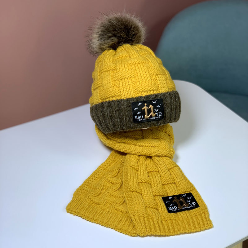 Winter children's knitted pullover cap boys and girls scarf set plus fleece wool cap baby warm ear protection hat