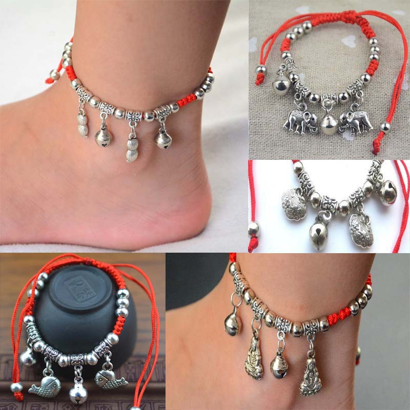 Thời trang đôi bạn gái đeo vòng tay nữ phiên bản Hàn Quốc của chàng sinh viên giản dị Sen retro chuông ác linh chuyển dây đỏ vòng chân vòng gỗ