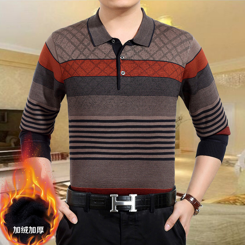 Đàn ông trung niên áo thun dài tay cộng với quần áo nhung ấm áp Bố trung niên áo cổ áo đan đáy dày áo thun có cổ
