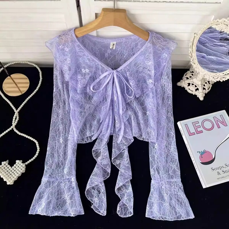 Bell-Sleeve Cardigan for Women, Summer Outerwear, Thin V-Neck, Slightly See-Through Lace Shawl, Paired with a Slip Dress, Sheer Blouse