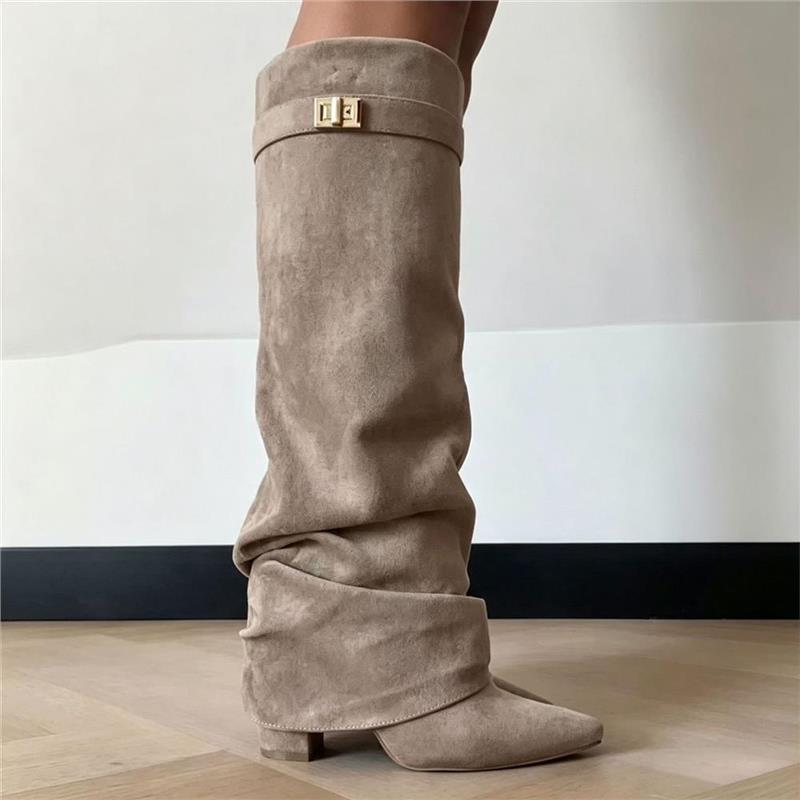 In Stock 2026 Foreign Trade Women's Shoes Pointed Toe Straight Pleated Metal Buckle Mid-Calf Boots Large Size Chunky Heel Trouser Boots for Women