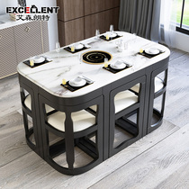 Marble dining table home small apartment modern minimalist shrinking round table induction cooker light luxury solid wood slate dining table