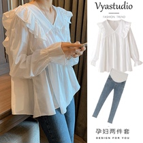 Maternity Autumn Shirt Tops 2024 New Long Sleeve Babydoll Fashion Suit Western Style Spring and Autumn Shirt Two-piece Set