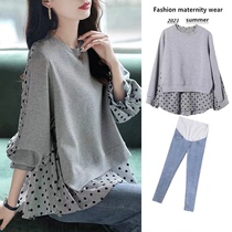 Maternity Autumn Suit Long Sleeve Top 2024 Spring and Autumn Holiday Two-piece Shirt Loose Fashionable Casual and Western-style Two-piece Set