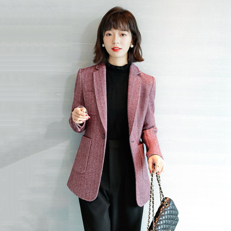 Woolen suit women's autumn and winter mid-length small tops slim fit and slim plaid large size one button wool coat