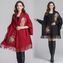 Temperament mother with sleeves tassel shawl Cape bat type autumn and winter thickened elegant cheongsam outer jacket