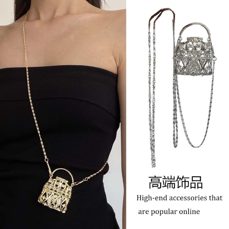 Long Metal Hollow-Out Diamond-Encrusted Mini Bag with Chain Necklace for Women, Light Luxury, High-End Feel, Versatile Shoulder Bag
