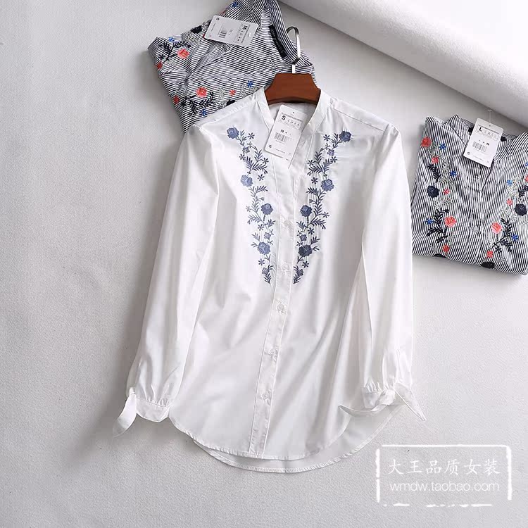 GC80902 Xuất khẩu Thời trang đơn Dân tộc Hoa thêu Áo ngực đơn ren dài tay Áo sơ mi cotton sơ mi cộc tay