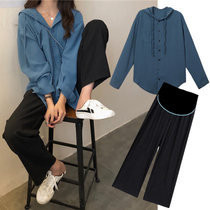 Pregnant women autumn suit new fashion net red spring and autumn foreign style long-sleeved shirt wide-leg pants two-piece set fashion models go out