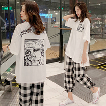 Maternity summer suit net red foreign style long-sleeved top Short-sleeved T-shirt nine-point plaid pants two-piece set spring and summer