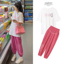 Pregnant women summer suit fashion net red Western style pure cotton short-sleeved top Casual sports tide mom spring and summer two-piece set