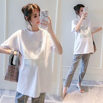 Maternity summer suit net red medium long short-sleeved top t-shirt nine-point pants two-piece set spring and summer Western style loose