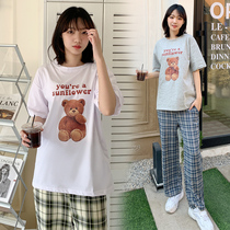 Maternity summer suit net red tide mom loose short-sleeved top plaid pants two-piece suit foreign summer leisure age reduction
