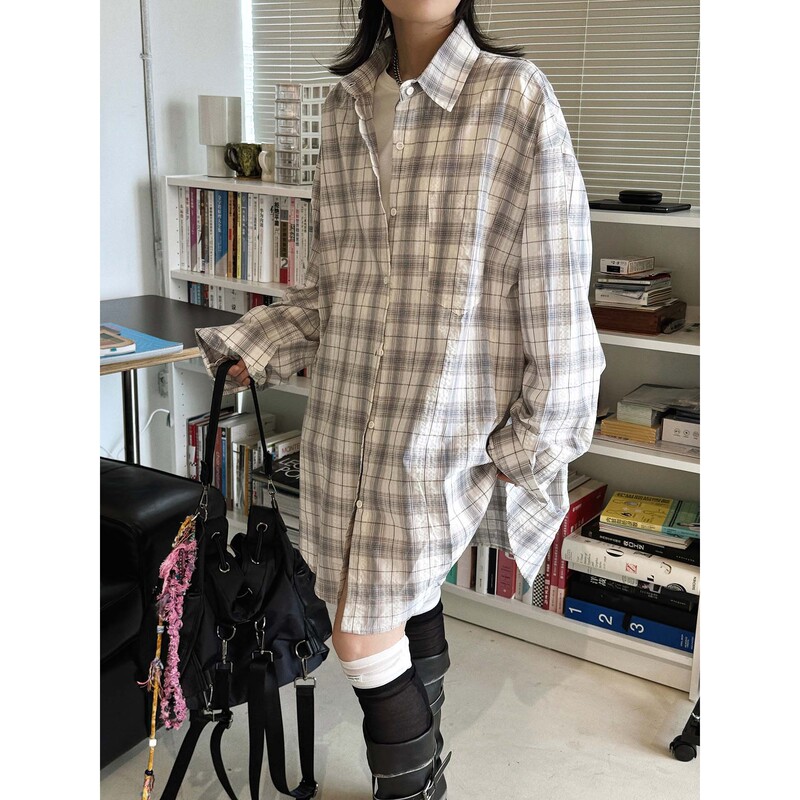 Louvre's New Summer Style Korean Retro Workwear Style Contrasting Plaid Patch Pocket Shirt Single-Breasted Loose Top for Women