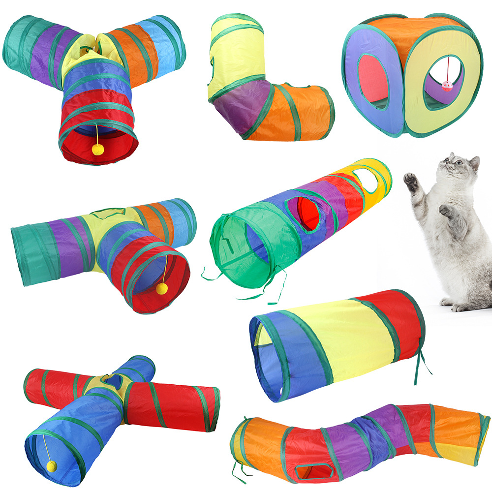 Pet Cat Tunnel Kitty Rainbow Triple Channel Interactive Cat Toy Drill Bucket Foldable Cat Toy-Taobao