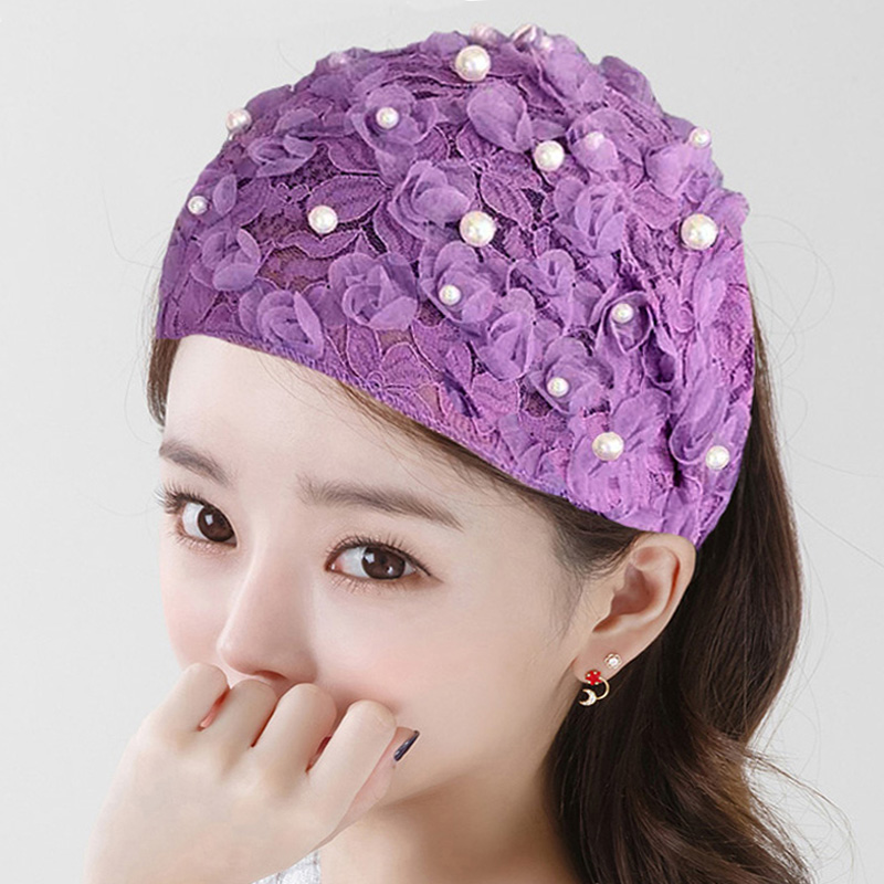 Pearl hair with summer out woman wide side lace silk headscarf wash face white hair net red bungled hair headgear hairpin hairpin