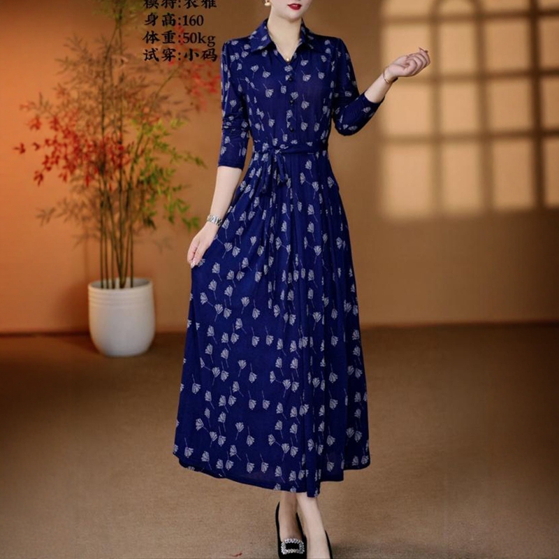 Autumn Lapel Long-Sleeve Dress for Women, Simple Mother's Wear, J-Style Tie Waist, Large Hem Shirt Dress