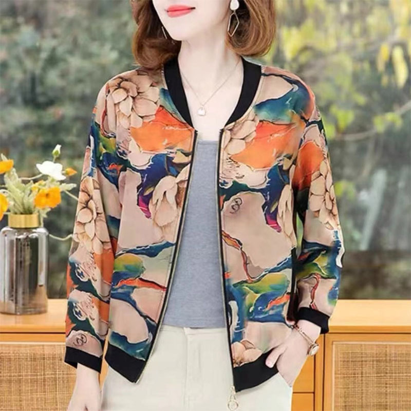 Spring and Summer Lightweight and Stylish Lotus Jacket for Women, Loose Large Size Breathable Round Neck Baseball Jacket Cardigan