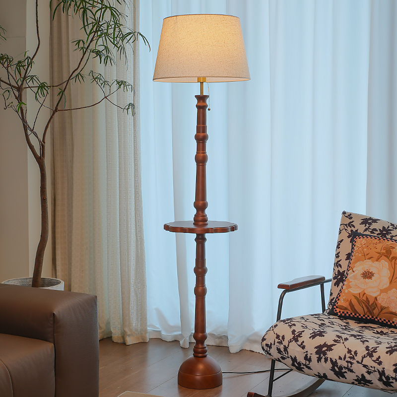Medieval Style Wooden Floor Lamp Bedroom Bedside Living Room Atmosphere Decorative Lamp with Shelf Fabric Lampshade Standing Lamp