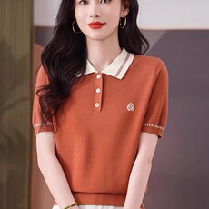 Одежда для дам 翻领短袖t恤女新款天丝上衣时尚洋气年轻妈妈装冰丝薄款针织衫