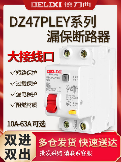 Delixi Double Inlet and Double Outlet Leakage Protector Dz47Pley Cdb3Le 6A10A16A20A25A32A40A