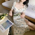 Từ một mùa hè miền Nam Pháp Pháp váy cổ lớn Xia Shou khí chất màu xanh hoa bong bóng tay áo eo trắng - Sản phẩm HOT