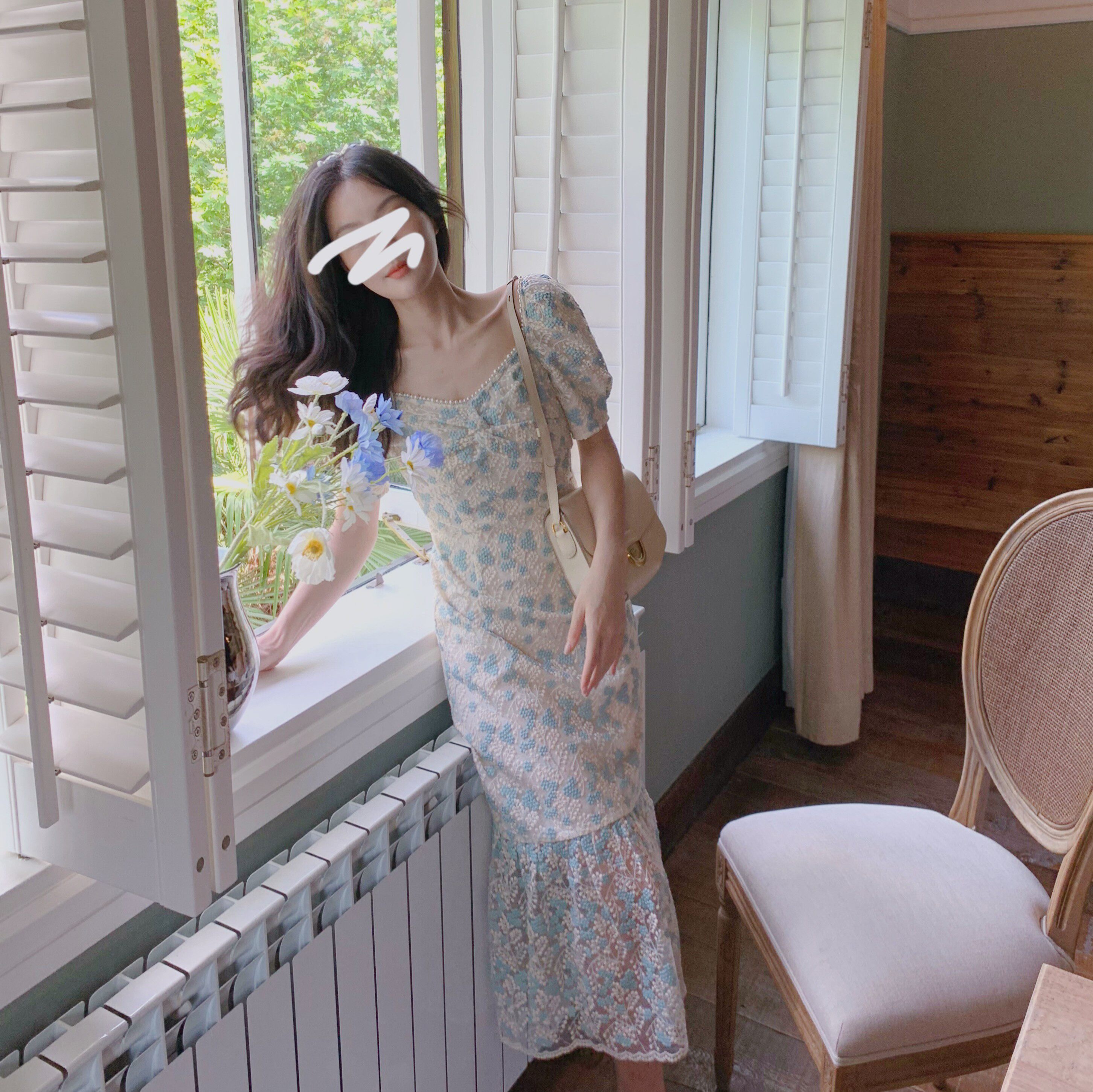 From a crowdsourced lunar stereo embroidered floral dress with a female summer gentle wind pearl floral edge V pilottail skirt