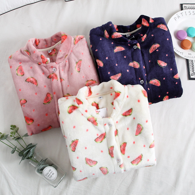 Bộ đồ ngủ nữ flannel tops đơn mảnh dày lông cừu san hô Bộ đồ ngủ phụ nữ mùa đông áo ấm áo đồ bộ trung niên