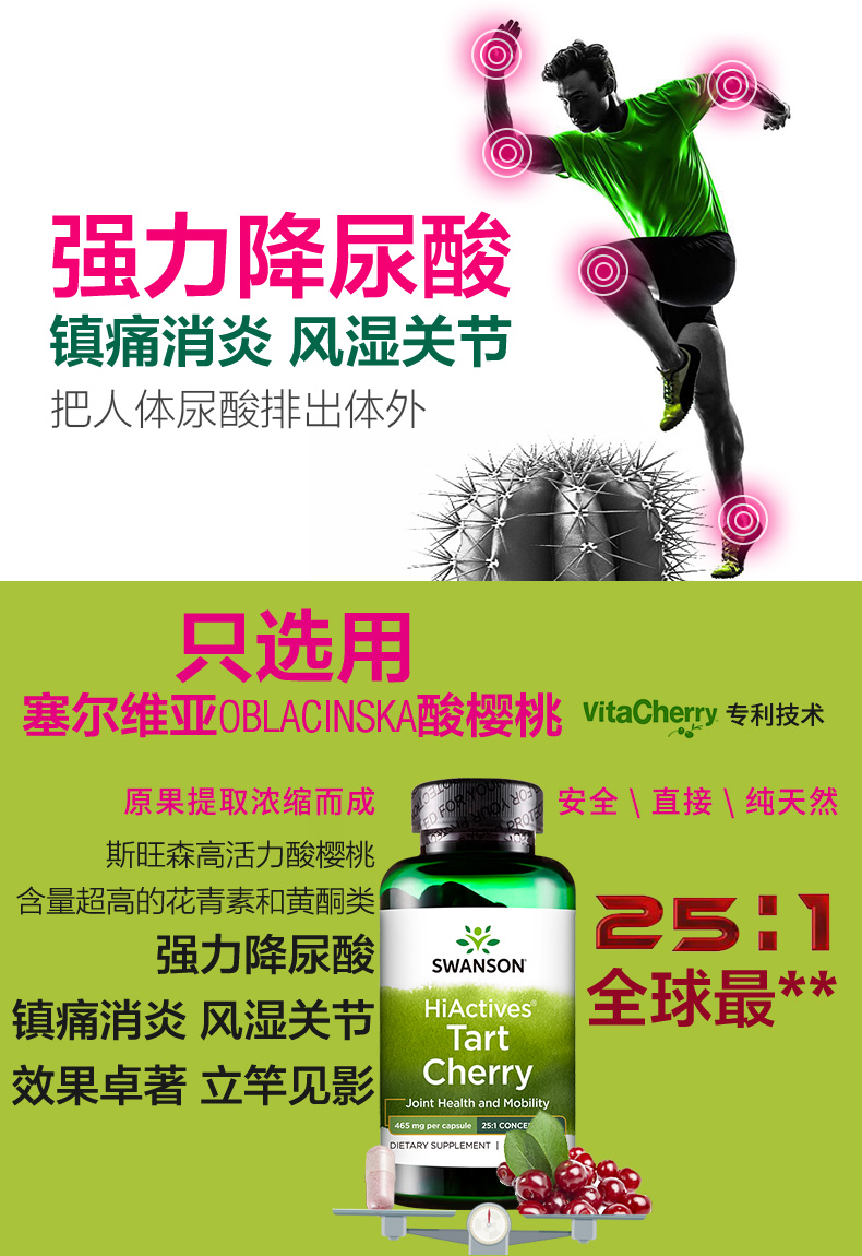 美国原装进口 斯旺森 高活力酸樱桃胶囊 60粒 降尿酸 缓解风湿痛风 图1