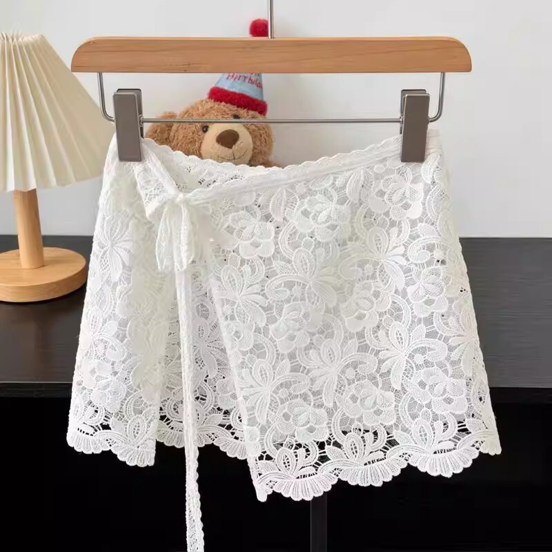 2026 Summer Sweet Style Hollow Lace Skirt for Women, White Tie-Up Short Skirt with a High-End Feel, Layered Skirt That Covers the Hips 2026 Summer Sweet Style Hollow Lace Skirt for Women, White Tie-Up Short Skirt with a High-End Feel, Layered Skirt That Covers the Hips