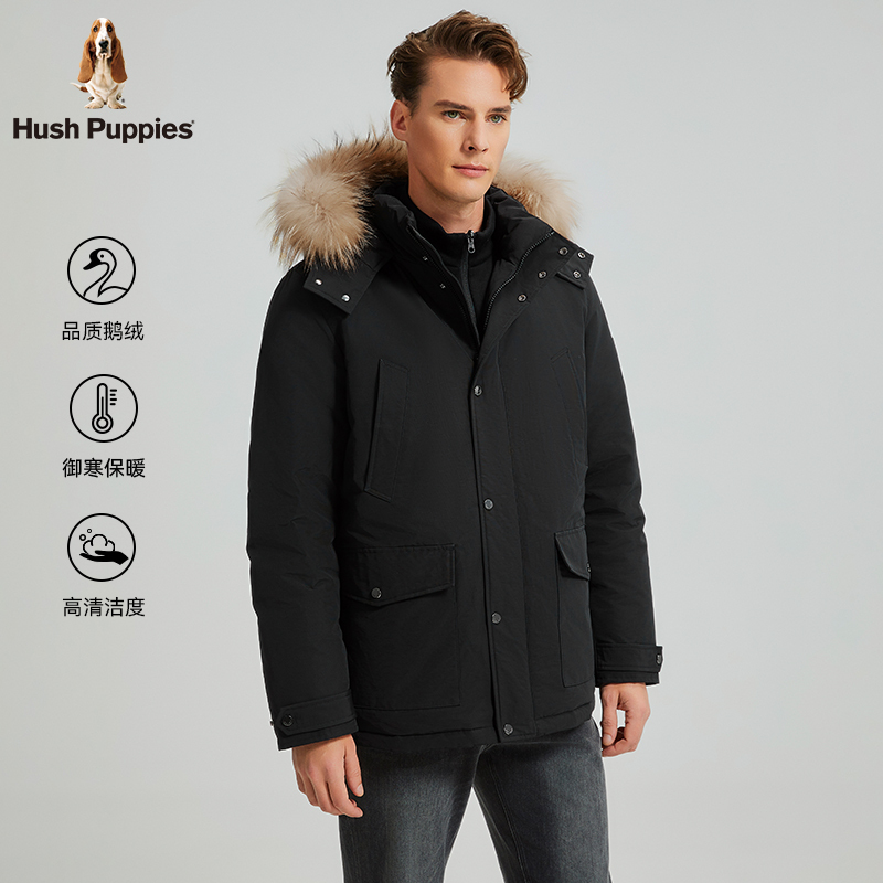【Cold-Resistant Functional Goose Down】Hush Puppies Men's Winter Windproof Thick Parka with Large Fur Collar and Hooded down Jacket