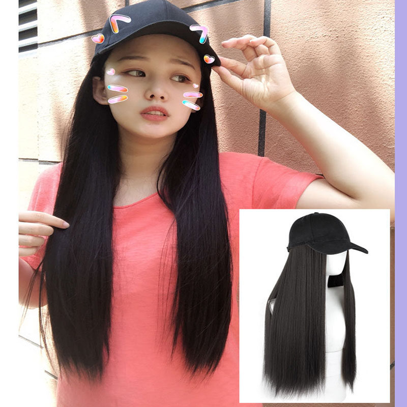 Wig hat one-piece female spring and summer long hair net red natural fashion simulation straight hair with hair cap full headgear