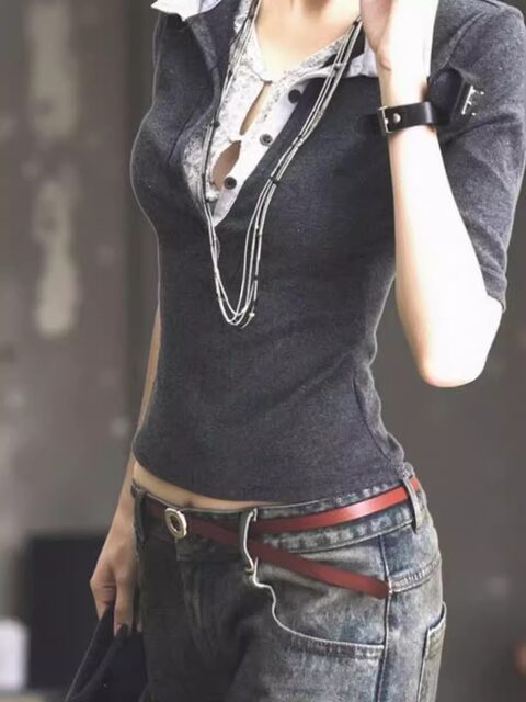 Fake Two-Piece Polo Collar Short-Sleeved T-Shirt for Women, New Summer Style, American Retro Lace Color-Blocking Slim-Fit Half-Sleeve Top