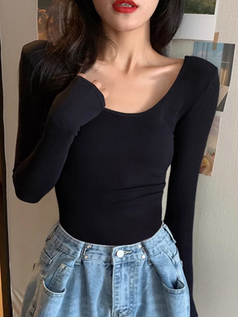 Early Autumn Chic Low-Neck High-Waisted Long-Sleeve T-Shirt for Women, Popular 2025 European Style Slim-Fit Flattering U-Neck Base Shirt, Beautiful Top