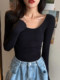 Early Autumn Chic Low-Neck High-Waisted Long-Sleeve T-Shirt for Women, Popular 2025 European Style Slim-Fit Flattering U-Neck Base Shirt, Beautiful Top