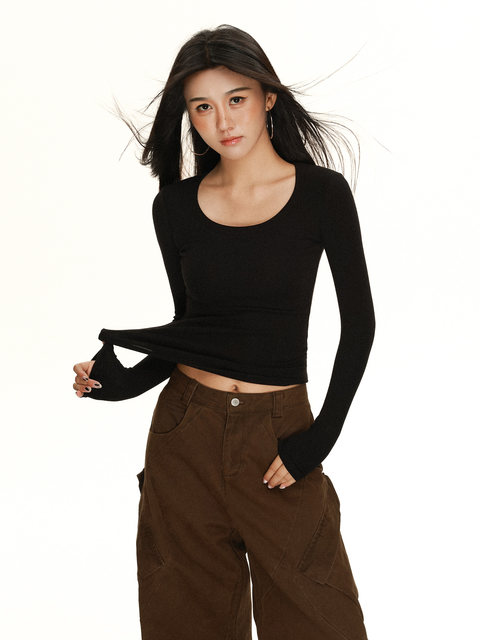 Women's U-Neck Long-Sleeve Base Shirt, New Autumn and Winter Style, Low-Neck, Clavicle-Exposing, Slim-Fit, Figure-Flattering Inner T-Shirt Top, Trendy