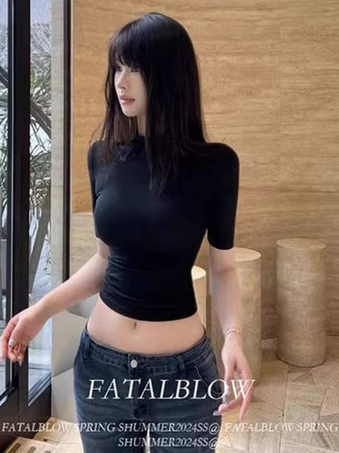 American-Style Spicy Girl Half-High Collar Mid-Sleeve T-Shirt for Women, Summer and Autumn 2025 New Model, Slim Fit, Simple Inner Layer Base Shirt